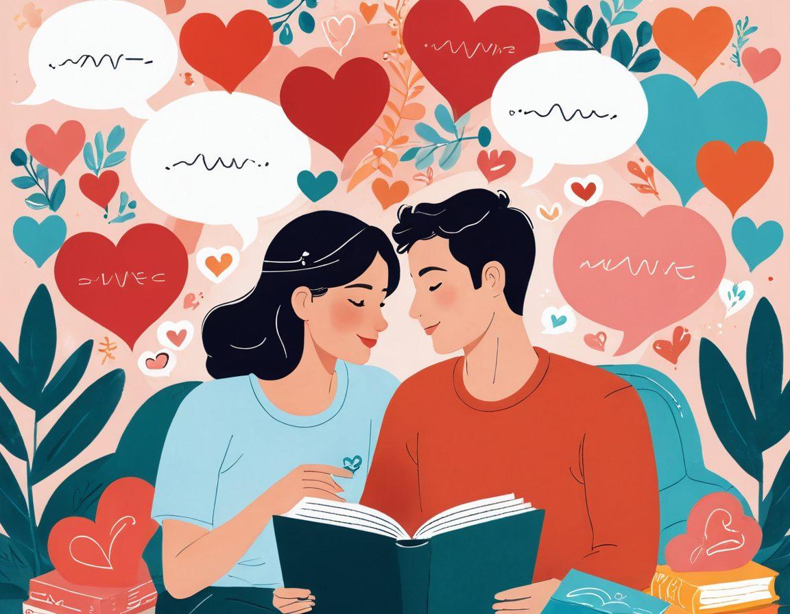 A colorful illustration of a couple sharing an intimate moment, surrounded by symbols of love and communication such as hearts, speech bubbles, and advice books. Include a cozy setting with soft lighting, showcasing warmth and connection. The background should have subtle floral patterns to signify romance and trust. bright colors. illustration. soft focus.